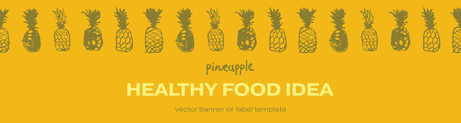 Beautiful banner and label template with pineapple border. Vector pineapples seamless pattern. Crayon pineapple drawings in naive hand-drawn style. Tropical frame with ananas borderline.