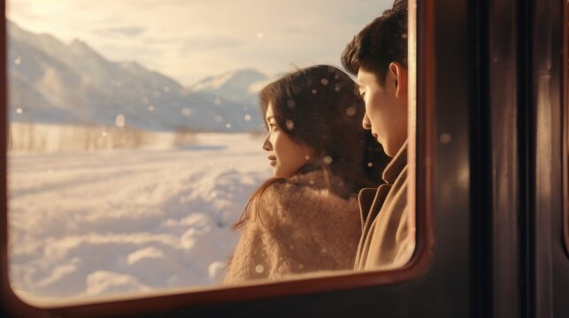 A couple is seen from behind, outside a train window, stunning snow-covered landscape bathed in the warm glow of the setting sun.