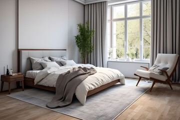 Interior of comfortable modern bedroom white cream. Where sunlight shines through window in morning. There are blankets and pillows on bed furniture in room. Natural view outside the window