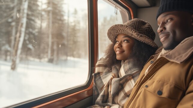 A couple is nestled together on a train, riding a bus train taxi van car, the woman wearing a herringbone hat, both looking out the window at a snowy forest scene.