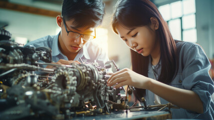 Southeast Asian students testing and fine-tuning a mechanical engineering project - obrazy, fototapety, plakaty
