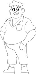 Black and white line art, Fat man posing and smiling. Overweight guy is cute, body positivity theme. Coloring style