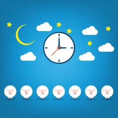 The insomnia concept represented by a sheep, moon, stars and a clock