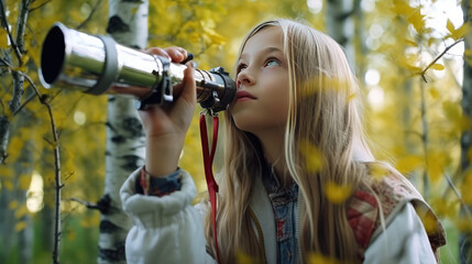 Toddler girl look through big telescope in the green garden outside house. Creative concept of children curiosity, dreaminess, imagination and childhood. 