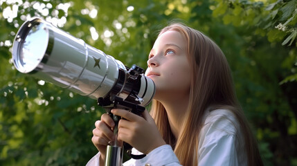 Toddler girl look through big telescope in the green garden outside house. Creative concept of children curiosity, dreaminess, imagination and childhood. 