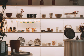 Pottery tablewares on shelves of small art shop.