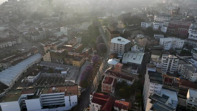 Early misty morning aerial view of Antananarivo city center, Madagascar.