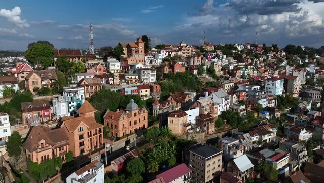 Wide angle arial moving view of Antananarivo. Madagascar.