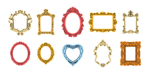 Vintage frame set. Picture border. Various decorative isolated elements different forms in doodle style. Elegant retro frameworks. Modern mirror design. Art gallery objects. Vector illustration - obrazy, fototapety, plakaty