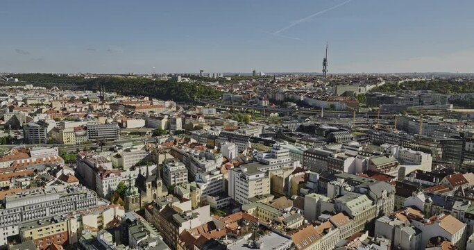 Prague Czechia Aerial v50 flyover Petrska Ctvrt capturing traffics on Wilsonova and cityscape across Florenc and Zizkov featuring Vitkov hill and TV tower - Shot with Mavic 3 Cine - November 2022