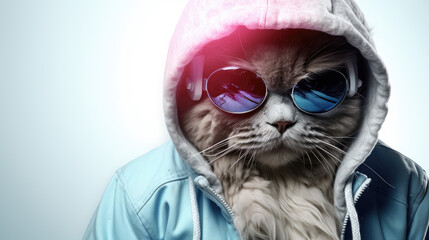 cat wearing hoodie and headphone and sunglasses