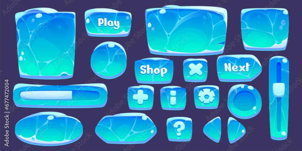 Poster ice game ui buttons set isolated on background. vector cartoon illustration of blue frozen frames of