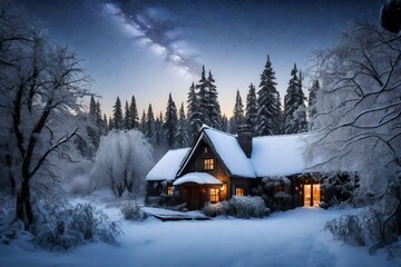 A snow-covered cottage nestled among frosted trees under a starry sky.