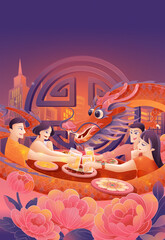 Creative illustration of Dragon Year Spring Festival reunion dinner