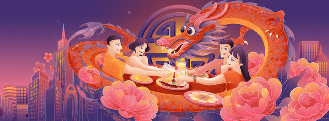 Creative illustration of Dragon Year Spring Festival reunion dinner