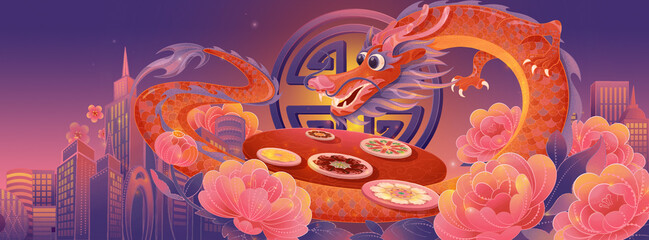 Creative illustration of Dragon Year Spring Festival reunion dinner