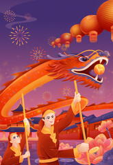 Creative illustration of dragon dance during the Dragon Year and Spring Festival