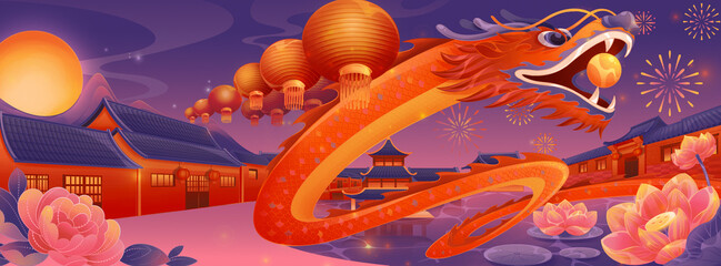 Creative illustration of dragon dance during the Dragon Year and Spring Festival