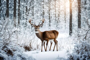 A solitary deer amidst a snowy clearing in a dense forest. 