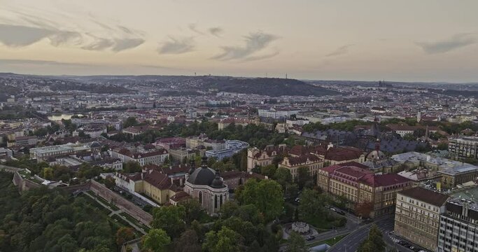Prague Czechia Aerial v122 drone flyover Park Folimanka, fly around Church of the Assumption of the Virgin Mary and St. Charles the Great in New town - Shot with Mavic 3 Cine - November 2022