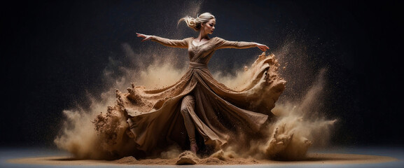ultra detailed shot of a sculpture made of stone and sand in a female dance shape, full body zoomed