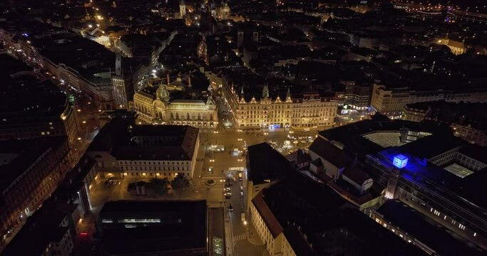 Prague Czechia Aerial v93 birds eye view of Namesti Republiky capturing night cityscape between new and old town with historic architectural and city lights - Shot with Mavic 3 Cine - November 2022