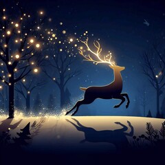 Obraz na płótnie Canvas Christmas card with silhouettes of Magic Deer and Santa Claus coming to hand out gifts, flickering lights.