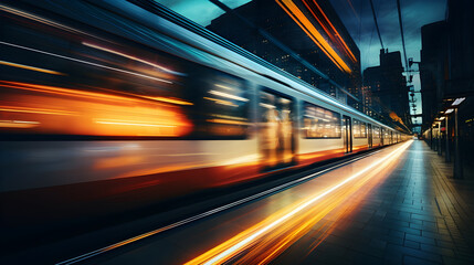 Urban speed. Illuminated night train blur through a modern station with vibrant streaks of light
