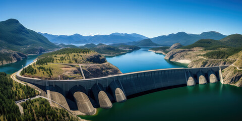 The dam stands guard at the mountain lake, a testament to human ingenuity amidst nature's grandeur