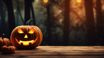 Obraz premium Halloween Pumpkin with Glowing Eyes, Forest Sunset Halloween Scene