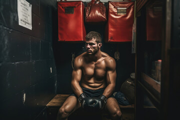 Fototapeta na wymiar Focused Male Boxer Preparing Mentally in Locker Room Before Fight - Intense Sports Determination