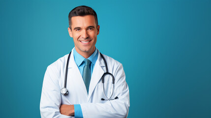 Smiling male doctor standing in front of blue isolated background - ai generative