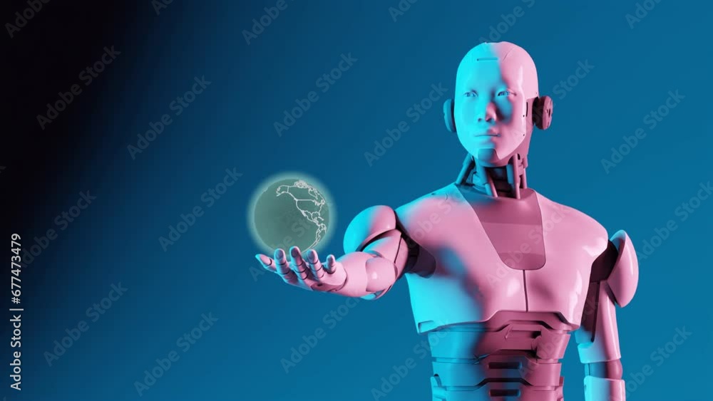 Poster 3d animation of cyber humanoid robot holding planet earth in his palm questioning about universe and