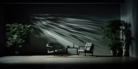Fototapeta premium In the dark room, spotlights carve out spaces of illumination, islands of visibility in a sea of shadow