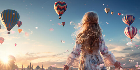 Young girl swings high, her laughter mingling with the sky where hot air balloons drift dreamily - obrazy, fototapety, plakaty
