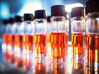 Medical glass vials placed on a laboratory table - ai generative