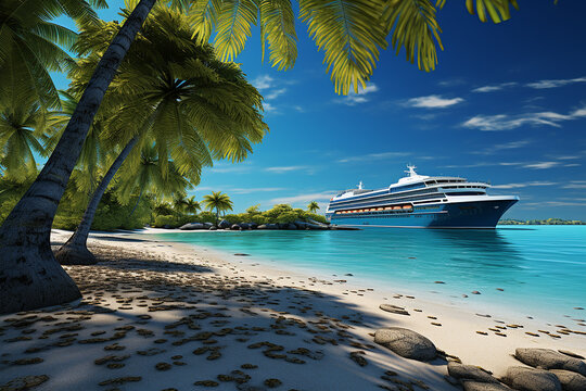 Generative AI Image of Cruise Ship for Vacation Travel with Beach Landscape in Bright Day