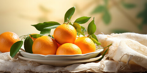 Bright, fresh tangerines adorn a plate, their citrus scent mingling with the fabric of the tablecloth
