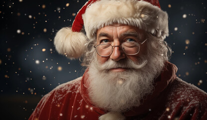  Santa Claus peeking out from behind white cloth in the snow, concept Christmas. Funny happy Santa. concept Christmas Choose winter season sales. Generative AI.