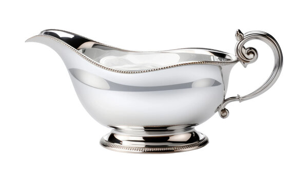 Silver Gravy Boat with Elegant Handle and Pouring Spout on transparent background, PNG Format