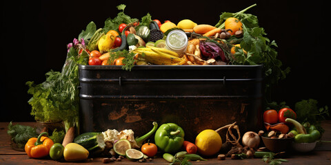 Garbage bin contains a variety of food and vegetables