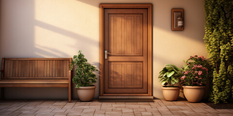House with a wooden entry door and a potted plant - obrazy, fototapety, plakaty