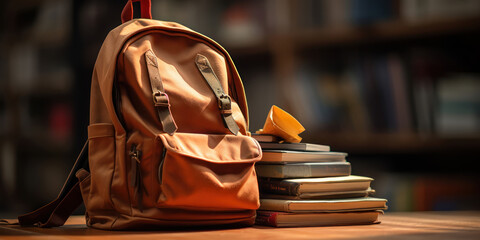 Backpack rests next to a pile of books, ready for the day's learning adventures
