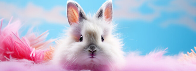 Serene rabbit amidst pink fluff, a tender representation of Easter's gentle joy