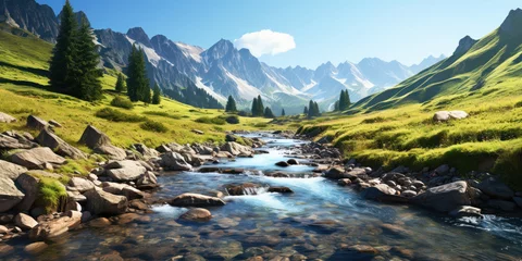 Schilderijen op glas Mountain landscape with a mountain stream © vectorizer88