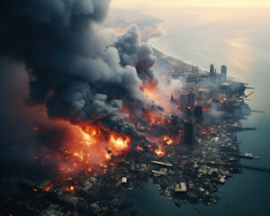 Fototapeta na wymiar Aerial view of massive city fire