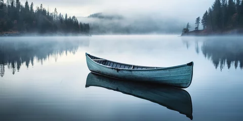Foto op Canvas The canoe lies still on the lake glassy surface, cradled by the fog ethereal caress © vectorizer88