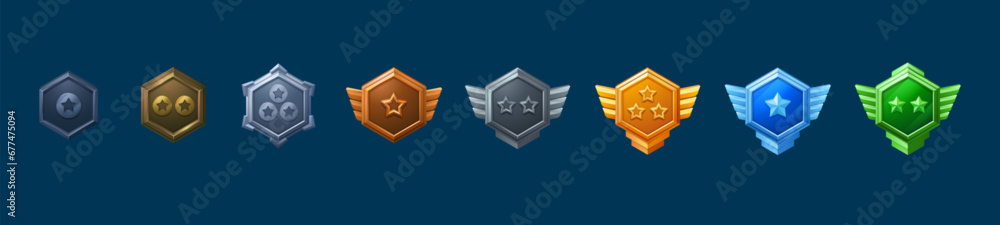 Poster medal and badge with star and wings for game ui level rank design. cartoon vector illustration set o