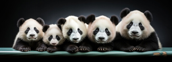 A serene group of panda figures in a row, ideal for environmental conservation messages and...