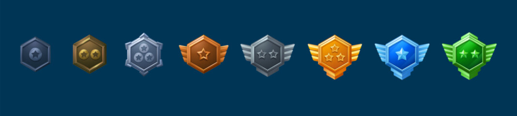 Medal and badge with star and wings for game ui level rank design. Cartoon vector illustration set of various colorful hexagon gui award labels and trophy for achievement. Medieval reward emblem. © klyaksun